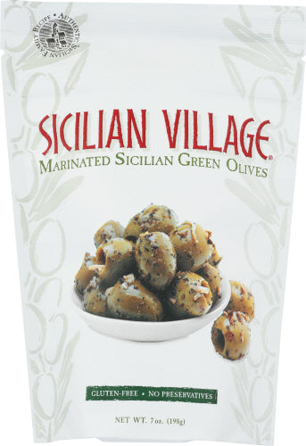 SICILIAN VILLAGE GREEN MARINATED OLIVES - 7OZ