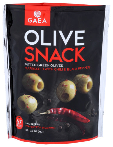 SNACK PACK GREEN PITTED OLIVES WITH CHILI & BLACK PEPPER